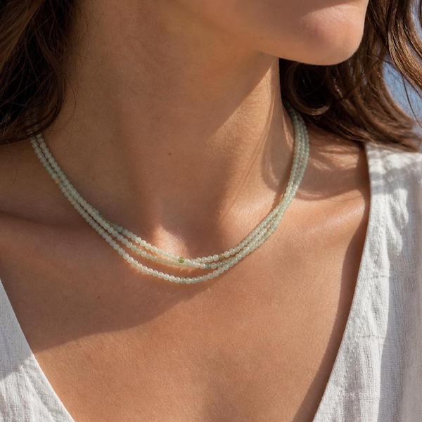 Aventurine Necklace 3 Strand, Faceted 2 mm Beads, Soft Green Minimal, Gold Plated Layering