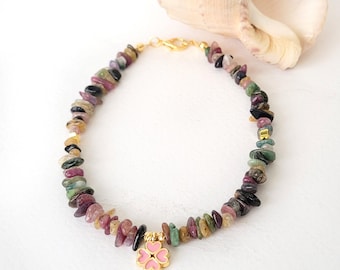 Rainbow Tourmaline Anklet, Gold Flower Charm, Adjustable Gemstone Jewelry
