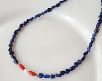 Lapis Lazuli Necklace With Red Coral And Pearl, Natural Stone Beaded Necklace