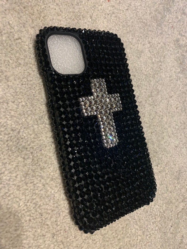 Hand applied. Stunning bling diamant\u00e9 crystal cross design in black and silver for iPhone 11 on soft flexible biodegradable phone case