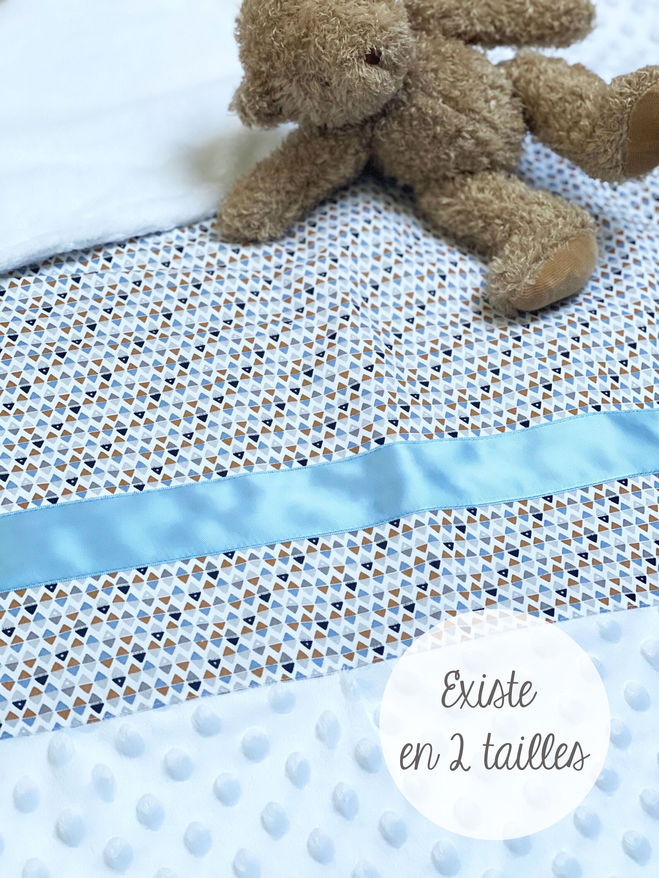 Couverture Plaid Dessus de Lit Extra Doux Minky Pilou Bébé Enfant Garçon Motif Géométrique Bleu et B