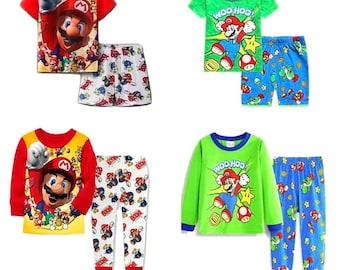 Official Kids Super Mario Here We Go Long Pyjamas Set Boys Girls PJs