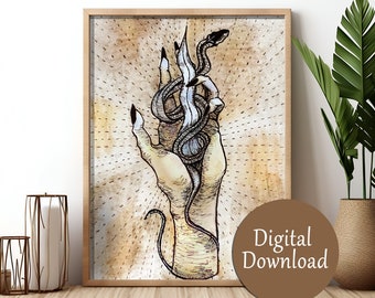 Dagger Hand Ink printing, Wall art, Digital Download, handmade ink art, snake art, hand art, ink art print, witch hand, witch art
