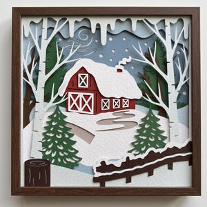 Christmas Farmhouse Shadow Box SVG: 3D Papercut File (Digital Download),template,cricut projects,layered svg,laser cut file,layered svg file