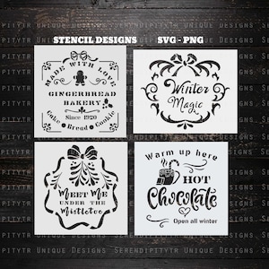 Puede incluir: Cuatro diseños de plantillas en blanco y negro para manualidades. Los diseños incluyen "Made with Love Gingerbread Bakery Since 1920", "Winter Magic", "Meet Me Under the Mistletoe" y "Warm Up Here Hot Chocolate Open All Winter".
