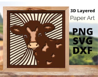 Cow 3d layered svg,laser cut project, shadow box template , dxf file,for cricut,digital template,layered dxf file,paper art,cow paper craft