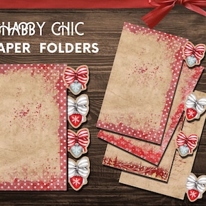 May include: Set of four vintage-style paper folders with a shabby chic design. Each folder features a red and white polka dot border and a decorative Christmas ornament with a red bow.