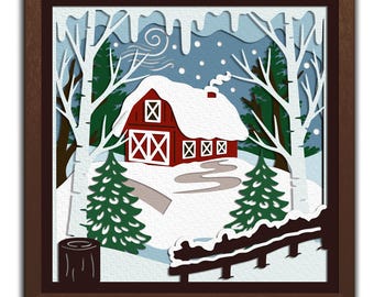 Christmas village shadow box,template,cricut projects,layered paper cut,svg,laser cut file,layered svg,digital,printable,winter,cottage,barn