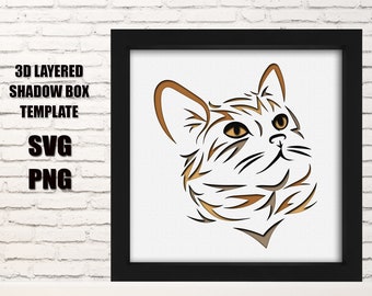 Cat 3d layered svg,cat paper art,cat paper cut,svg,cat craft,stylized cat svg,cat shadow box,digital file,cricut file,template,kitten 3D svg