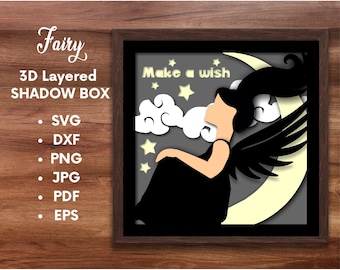 Boîte d'ombre de fée, boîte d'ombre d'ange, modèle de boîte d'ombre, svg de boîte de Shadov, découpe laser de boîte d'ombre, dxf, boîte lumineuse de fée, svg de shadowbox, fichier numérique