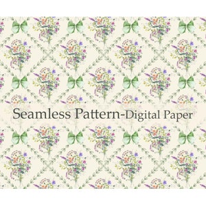 May include: A seamless pattern digital paper featuring a repeating design of green bows and watercolour bouquets of wildflowers on a cream background.