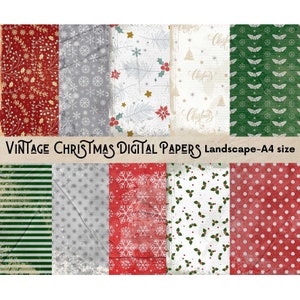 Puede incluir: Conjunto de 10 papeles digitales con motivos navideños vintage en rojo, verde, blanco y gris. Los motivos incluyen copos de nieve, acebo, estrellas y rayas. Los papeles están orientados horizontalmente y miden A4.