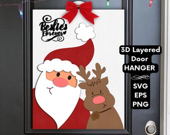 May include: A 3D layered door hanger featuring Santa Claus and a reindeer. The hanger is decorated with a red bow and the text "Besties Forever".