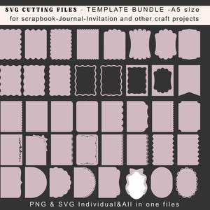 Puede incluir: Una colección de archivos de corte SVG en varias formas y tamaños, incluyendo rectángulos, óvalos y marcos decorativos. Los archivos son de color rosa suave y están diseñados para proyectos de álbumes de recortes, diarios e invitaciones. El texto en la parte superior dice "SVG CUTTING FILES - TEMPLATE BUNDLE - A5 size".