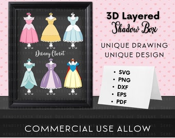Puede incluir: Un diseño digital para una caja de sombra en 3D en capas con cinco personajes de princesas Disney. Las princesas son Cenicienta, Bella, Ariel, Aurora y Blancanieves. El diseño se titula "Disney Closet" y está disponible en los formatos SVG, PNG, DXF, EPS y PDF. El diseño es para uso comercial.