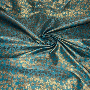 1m turquoise /gold colour Floral metallic print Indian faux silky banarsi Brocade fabric 52" Wide