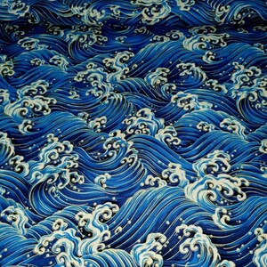 1 meter Japanese waves print  fabric, metallic floral oriental cotton