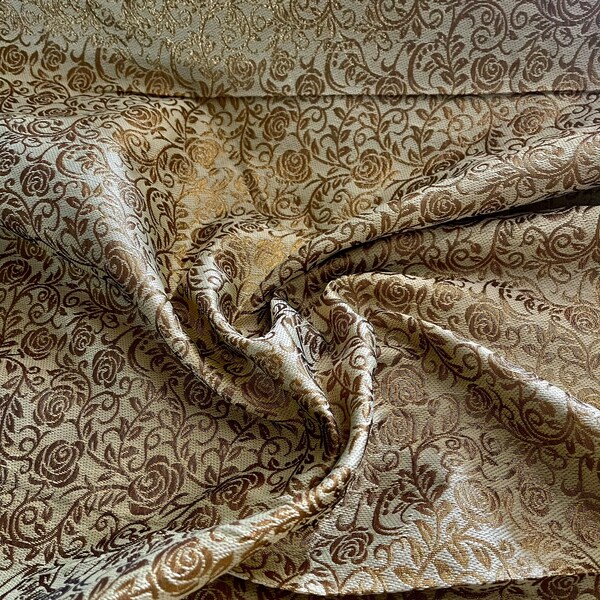 1m gold  colour   Floral metallic print Indian faux silk banarsi Brocade fabric 50" Wide