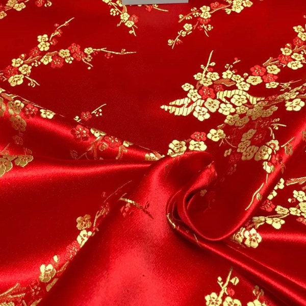 Tissu oriental chinois à imprimé floral, fleurs japonaises, or rouge, 45 pouces de large
