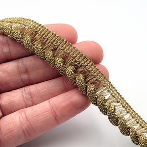 May include: Close-up of gold decorative trim. The trim has a woven design with a chain-like border and fringe. The trim is held in a person's hand against a white background. Suitable for sewing and craft projects.