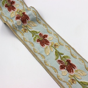 Galon jacquard à bordure florale - Bleu rouille - 90 mm - au mètre - 6189