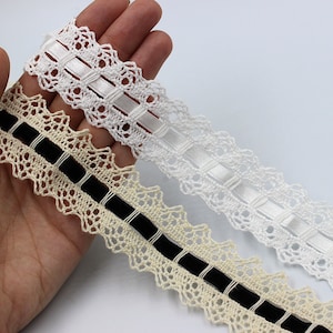 Cotton Lace, Ribbon Slot Lace, Ribbon Slot Cotton Lace, Cream Black Lace,  Fashion Lace 