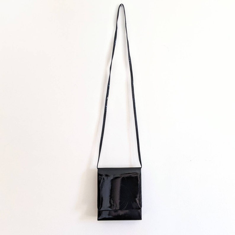 Vintage 1990s Black Patent Leather Minimalist Crossbody Shoulder Bag Small