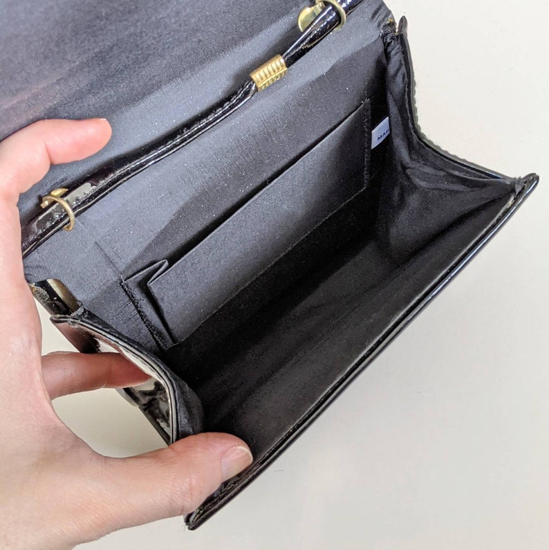 Vintage 1990s Black Patent Leather Minimalist Crossbody Shoulder Bag Small