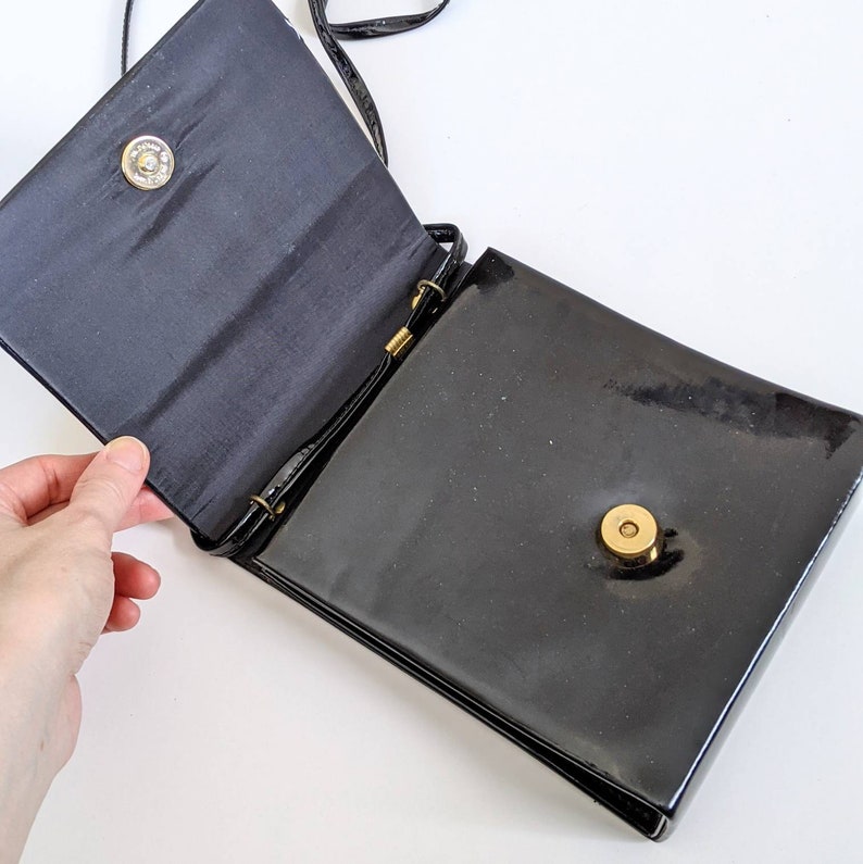 Vintage 1990s Black Patent Leather Minimalist Crossbody Shoulder Bag Small