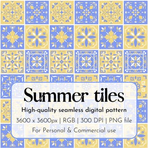 May include: A seamless digital pattern featuring a grid of square tiles in alternating blue and yellow colors with white geometric and floral motifs. The text reads: Summer tiles, High-quality seamless digital pattern, 3600 x 3600px | RGB | 300 DPI | PNG file, For Personal & Commercial use.