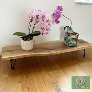 Handmade flower bench made of solid oak with tree edge, oiled, rustic design for plants & decoration – various heights available