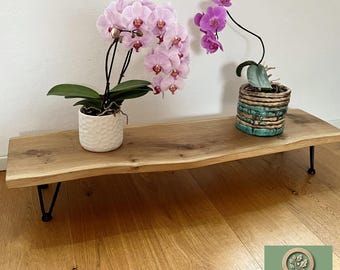 Handmade flower bench made of solid oak with tree edge, oiled, rustic design for plants & decoration – various heights available