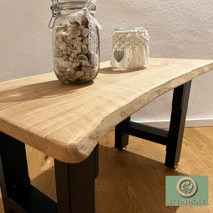 Side table made of oak with tree edge - rustic & modern. High-quality workmanship, stable bench runners, perfect for every living style.