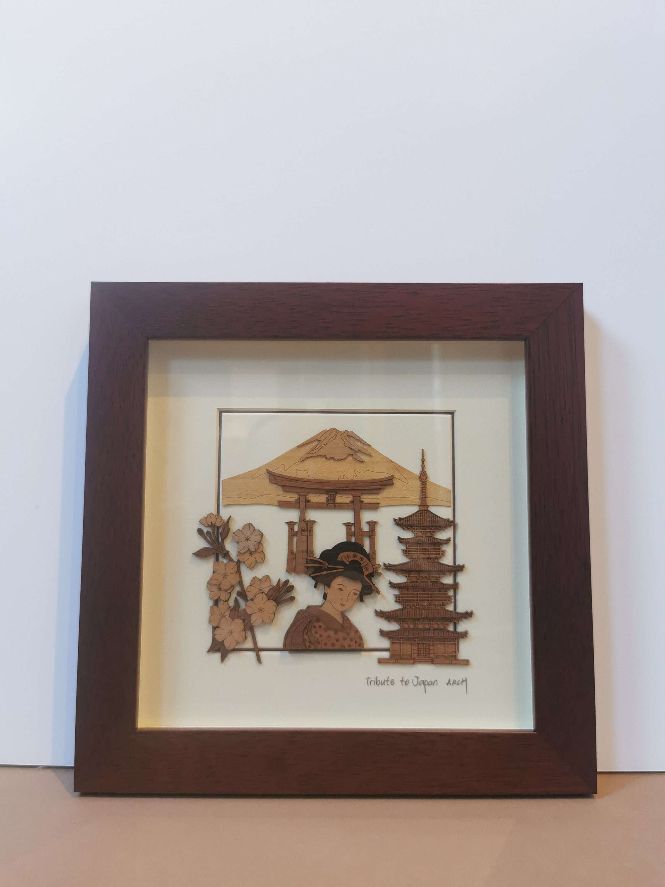 Hommage Au Japon - Tribute To Japan Tableau en Bois Sculpté Carved Wood Mont Fuji, Sakura, Geisha, B