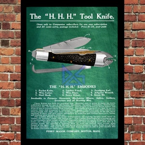 Op de afbeelding: Een vintage advertentie voor het "H.H.H." gereedschapsmes, een multitool met negen functies. De advertentie toont een gedetailleerde illustratie van het mes en zijn verschillende componenten, waaronder een zakmes, een lederpons, een steekbeitel, een draadknipper, een tang, een moersleutel, een hoefhaak, een schroevendraaier en een schroef. De tekst benadrukt de duurzaamheid en veelzijdigheid van het mes, waardoor het ideaal is voor boeren, ruiters, monteurs, mijnwerkers, zeelui, soldaten en alle werkende mannen.