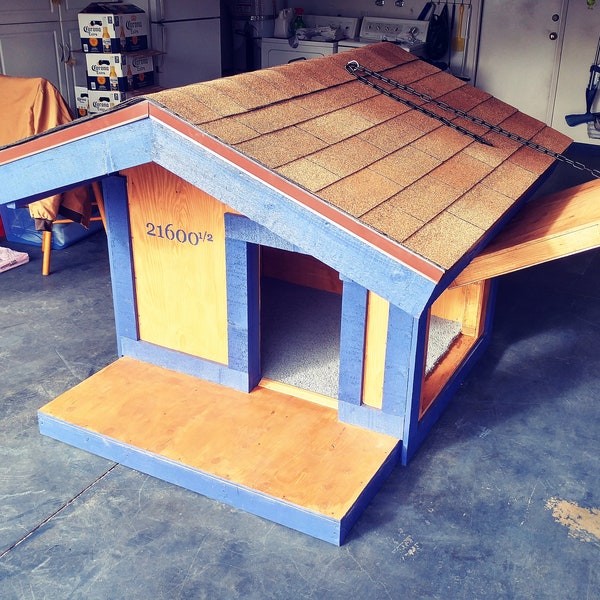 Dog House Plans with Porch for Large Breed Dogs - Modular Assembly - Side Door for easy cleaning