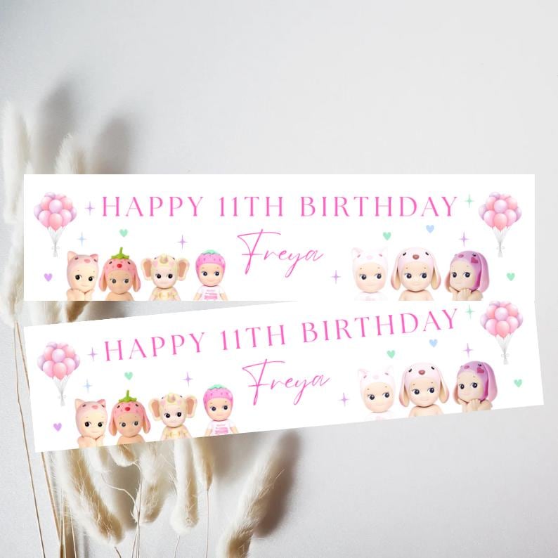 SONNY ANGEL, Sonny angel birthday banner, birthday theme, sonny’s Angels, kids birthday, birthday decor, strawberry head, girls theme, cat hat, personalised banner, birthday banner, cartoon, happy birthday, teenager, pre teen, teen daughter, birthday girl, for her, for daughter, teen, personalised, custom design, sonny angel figurines, angel, animal, anime, cute banner, balloons, sparkles, hearts, 11th birthday, officially a teenager, adult