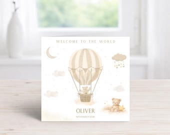 Personalised Baby Card | Welcome Hot Air Balloon, Teddy Bear Newborn Greeting