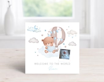 Personalised Welcome Baby Card | Teddy Bear Hot Air Balloon Design