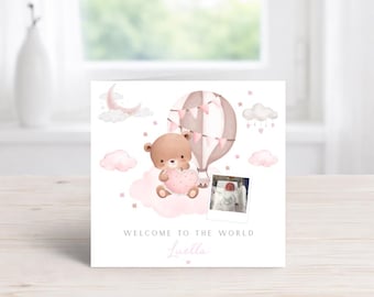 Personalised Baby Girl Card | Teddy Bear Hot Air Balloon Design, New Baby Keepsake