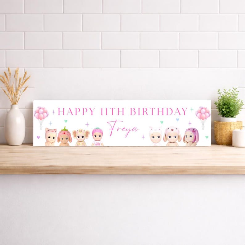 SONNY ANGEL, Sonny angel birthday banner, birthday theme, sonny’s Angels, kids birthday, birthday decor, strawberry head, girls theme, cat hat, personalised banner, birthday banner, cartoon, happy birthday, teenager, pre teen, teen daughter, birthday girl, for her, for daughter, teen, personalised, custom design, sonny angel figurines, angel, animal, anime, cute banner, balloons, sparkles, hearts, 11th birthday, officially a teenager, adult