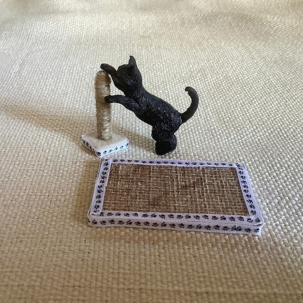 Dollhouse cat scratching post and mat, 1/12th scale cat activity set.
