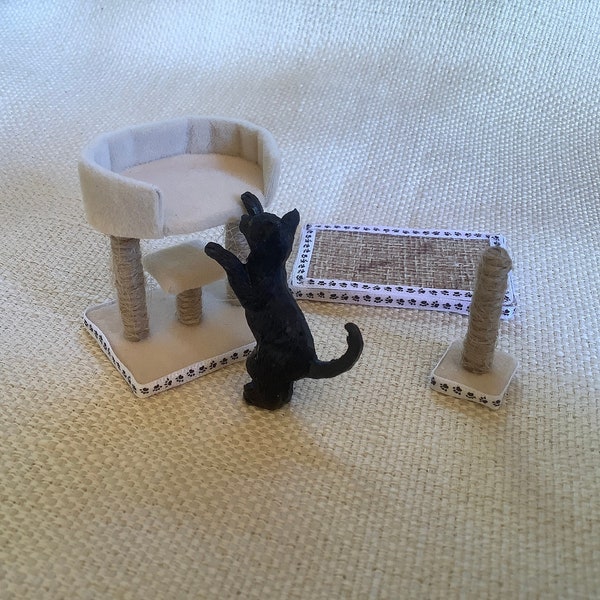 Miniature cat tower, bed scratching post and mat, dollhouse 1/12th scale cat tree activity set.