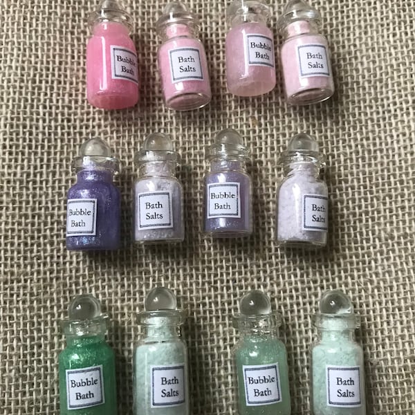 Bubble bath and bath salts set for your dollhouse , colourful toiletries for your miniature bathroom cupboards.