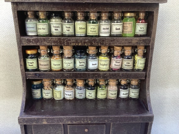 Miniature bottles of spell ingredients, dollhouse witches accessories, Halloween decorations