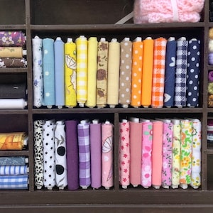 Miniature rolls of fabric for dolls house sewing room, miniature sewing fabrics, dollhouse fabric bolts,