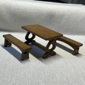 Miniature trestle table and bench seats, dolls house dining table and bench, 24th scale