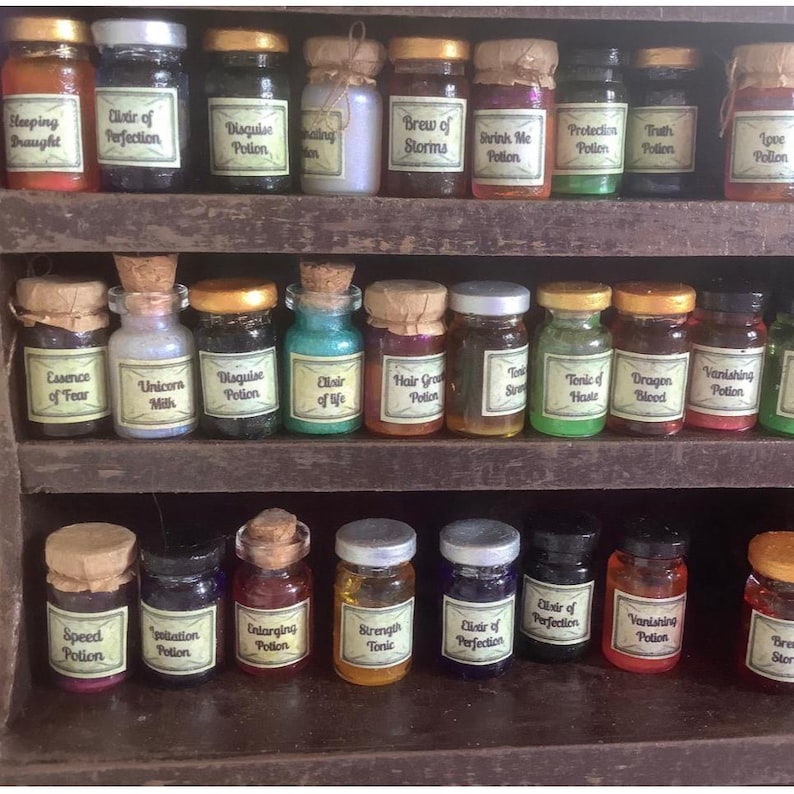 May include: A wooden shelf with rows of small glass bottles filled with colorful liquids. Each bottle has a cork stopper and a label with a handwritten name and description, such as "Elixir of Life", "Unicorn Milk", and "Brew of Storms".