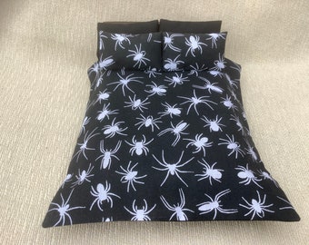 Halloween themed duvet double bed size, 1/12th scale bedding, spider pattern black and white print fabric , bedroom décor