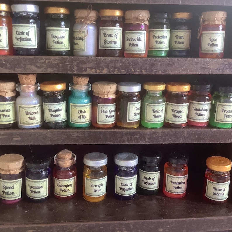 May include: A wooden shelf with multiple rows of small glass bottles filled with colorful liquids. Each bottle has a cork stopper and a label with a potion name, such as "Elixir of Life", "Unicorn Milk", and "Brew of Storms".